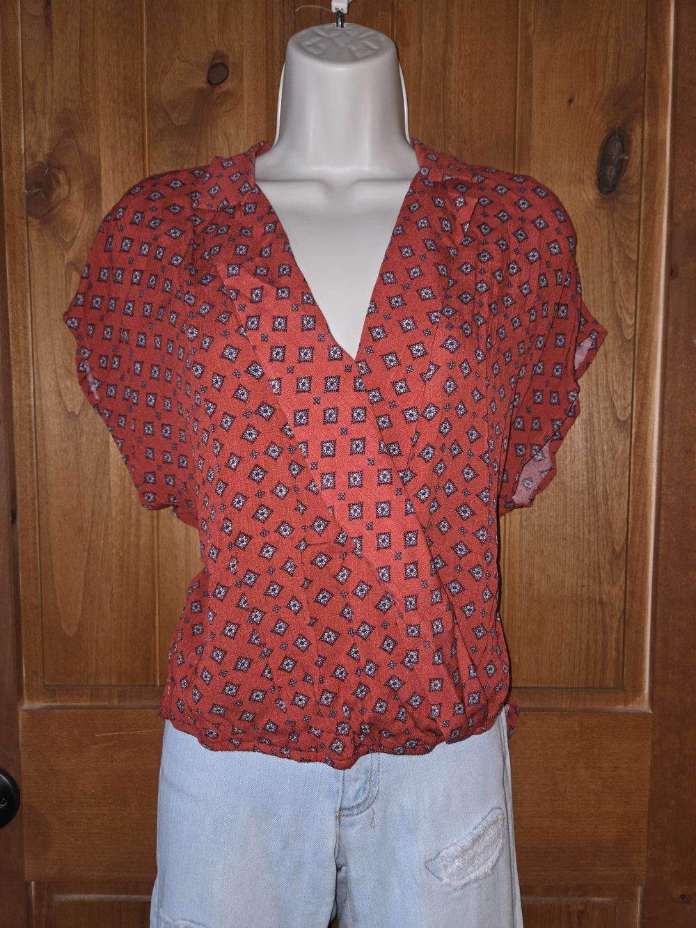 Rewind‎ Coral Red Printed V-Neck Faux Wrap Blouse